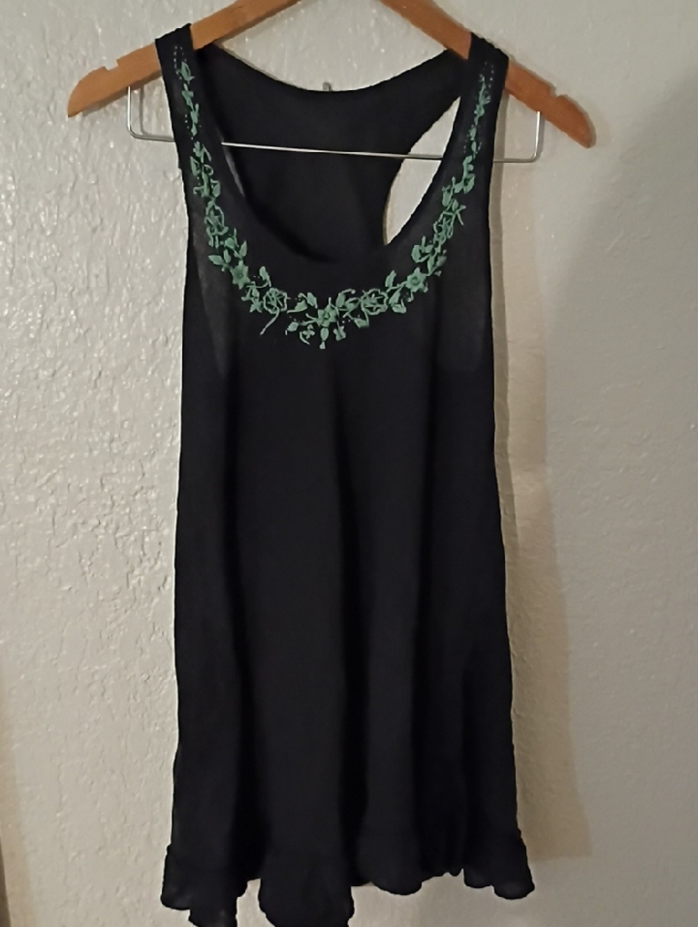 Black Tank Dress with Mint Green Embroidered Neckline